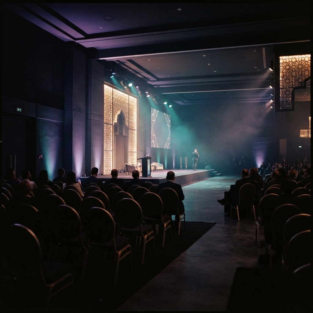 Salle d’événement corporate premium au Maroc, éclairage scénique et scénographie contemporaine